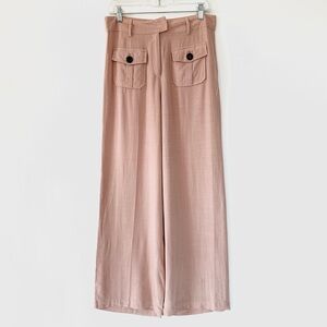 Wide Leg Soft Peach Linen Trousers with Front Flap Pockets